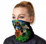StonerDays Free Dabs Bear Face Gaiter featuring vibrant print, front view on model