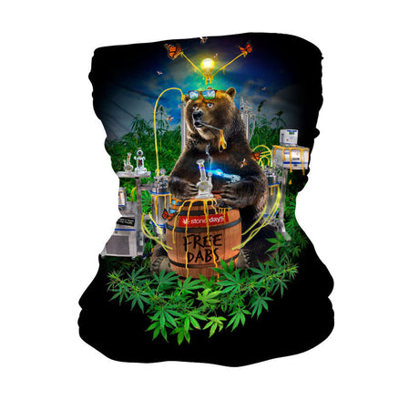 StonerDays Free Dabs Bear Face Gaiter featuring a bear with dab rigs, front view on white background