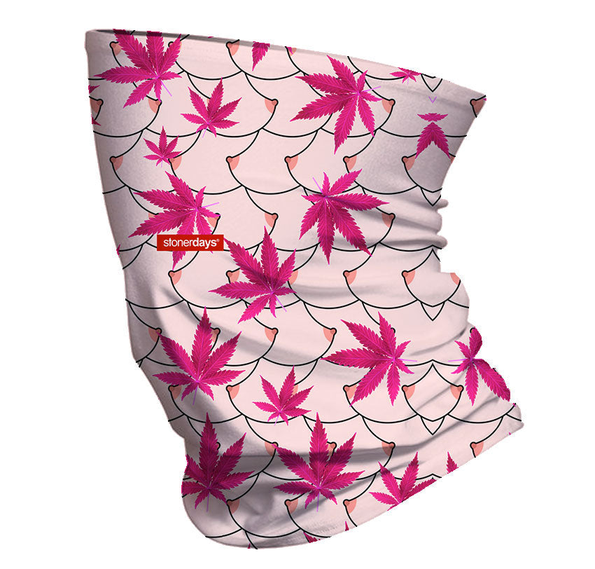 StonerDays Free The Nipple Face Gaiter featuring pink cannabis leaves on white background