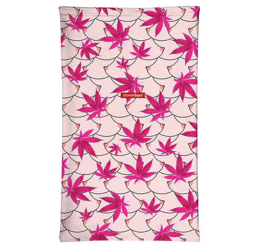 StonerDays Free The Nipple Face Gaiter with pink cannabis leaf design, front view on white background