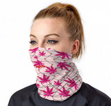 StonerDays Free The Nipple Face Gaiter with pink cannabis leaf design, front view on model