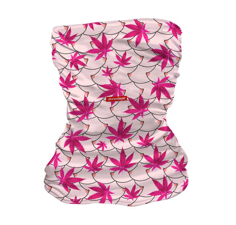 StonerDays Free The Nipple Face Gaiter with pink cannabis leaf design on white background
