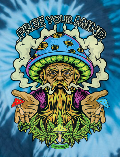 StonerDays Free Your Mind T-shirt in blue tie-dye with psychedelic graphic, front view