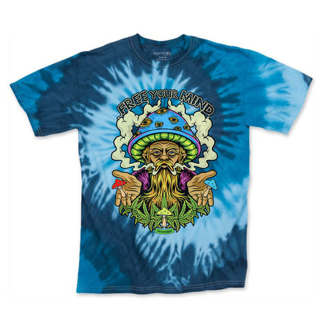 StonerDays Free Your Mind T-Shirt in Blue Tie Dye with Psychedelic Graphics, Sizes S-3XL