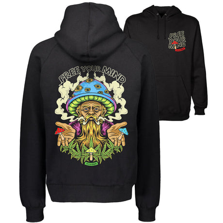 StonerDays Free Your Mind Hoodie with psychedelic print, sizes S to 3XL, front and side view