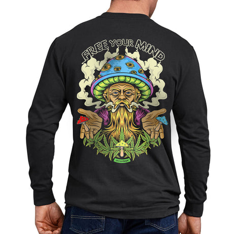 StonerDays Free Your Mind Long Sleeve shirt, green graphic on black, rear view