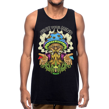 Front view of StonerDays Free Your Mind Tank in black, with vibrant graphic print, available in S to XXXL