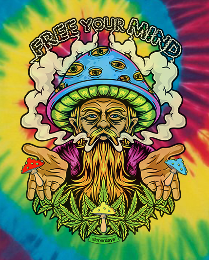 StonerDays Free Your Mind Tie Dye Tee with vibrant psychedelic graphics, front view on tie dye background