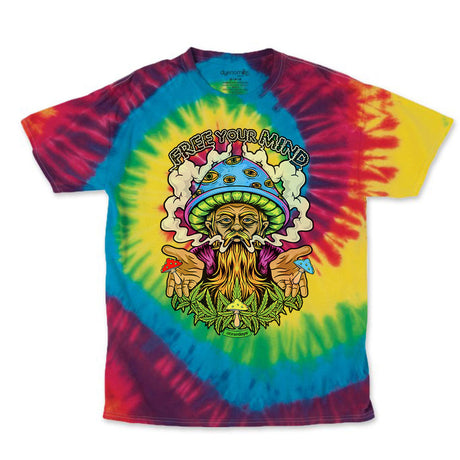 StonerDays Free Your Mind Tie Dye Tee with vibrant colors and front view on white background