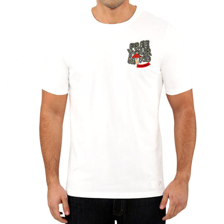 StonerDays Free Your Mind White Tee with graphic print, front view on male model