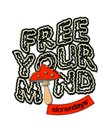 StonerDays Free Your Mind White Tee graphic close-up with psychedelic mushroom design