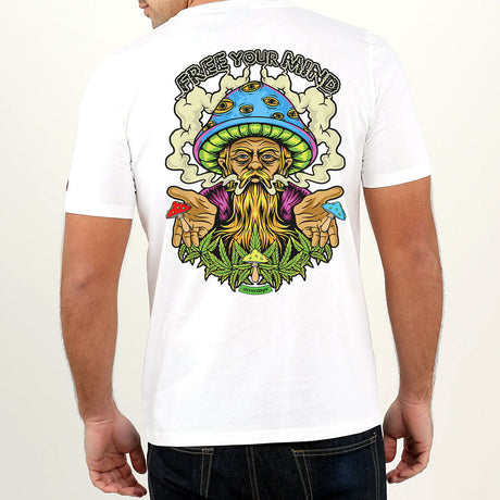 StonerDays Free Your Mind Tee with vibrant back print on white cotton, shown from the back.