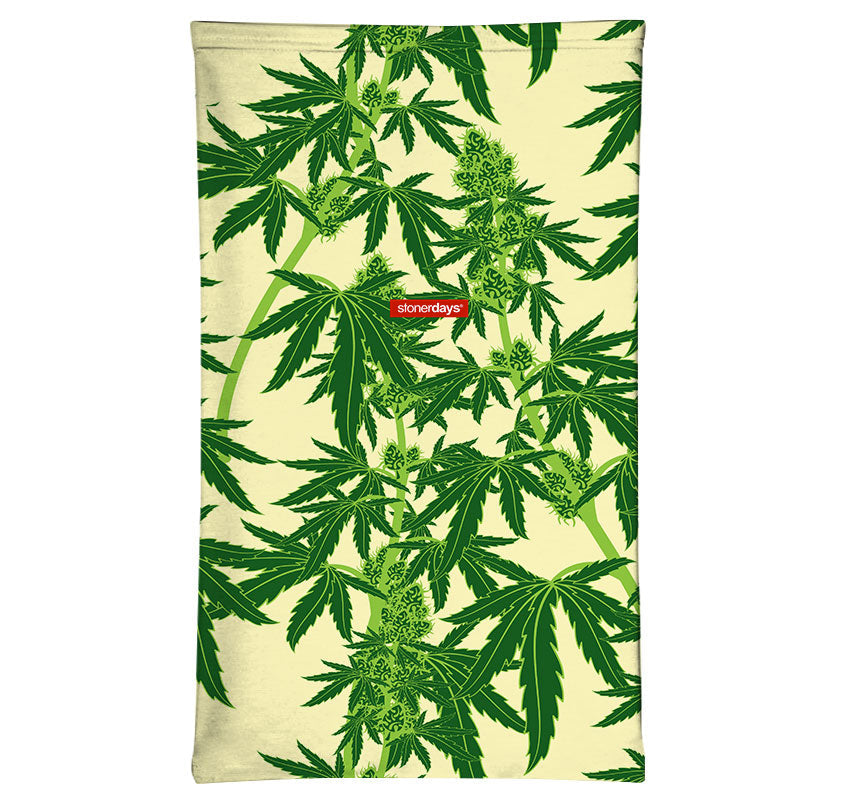 StonerDays Fruits Of Our Labor Face Gaiter featuring vibrant cannabis leaf print, front view on white background