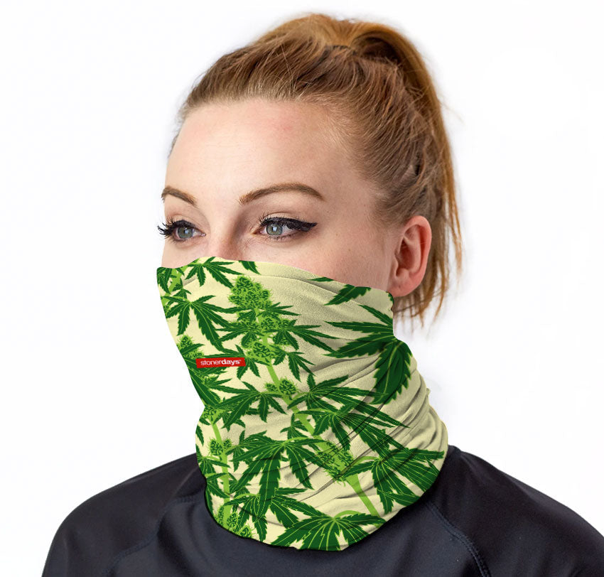 StonerDays Fruits Of Our Labor Face Gaiter with cannabis leaf print, front view on model