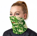 StonerDays Fruits Of Our Labor Face Gaiter with cannabis leaf print, front view on model
