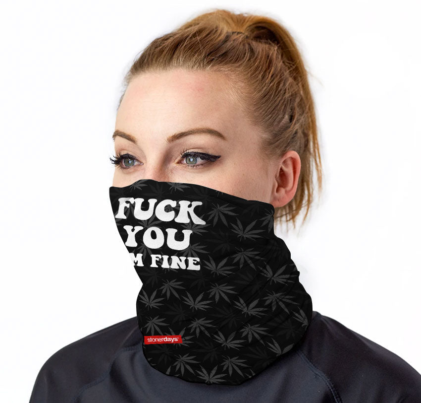 StonerDays Neck Gaiter with bold 'FUCK YOU I'M FINE' print, front view on model, black with leaf patterns