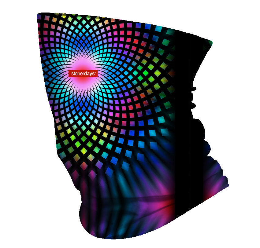 StonerDays Full Spectrum Face Gaiter with vibrant psychedelic pattern, side view on white background