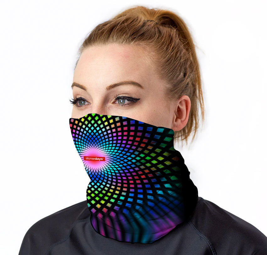 StonerDays Full Spectrum Face Gaiter featuring a colorful psychedelic design, worn by model, front view.