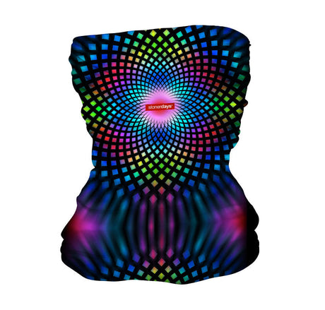 StonerDays Full Spectrum Face Gaiter with vibrant psychedelic pattern, front view on white background