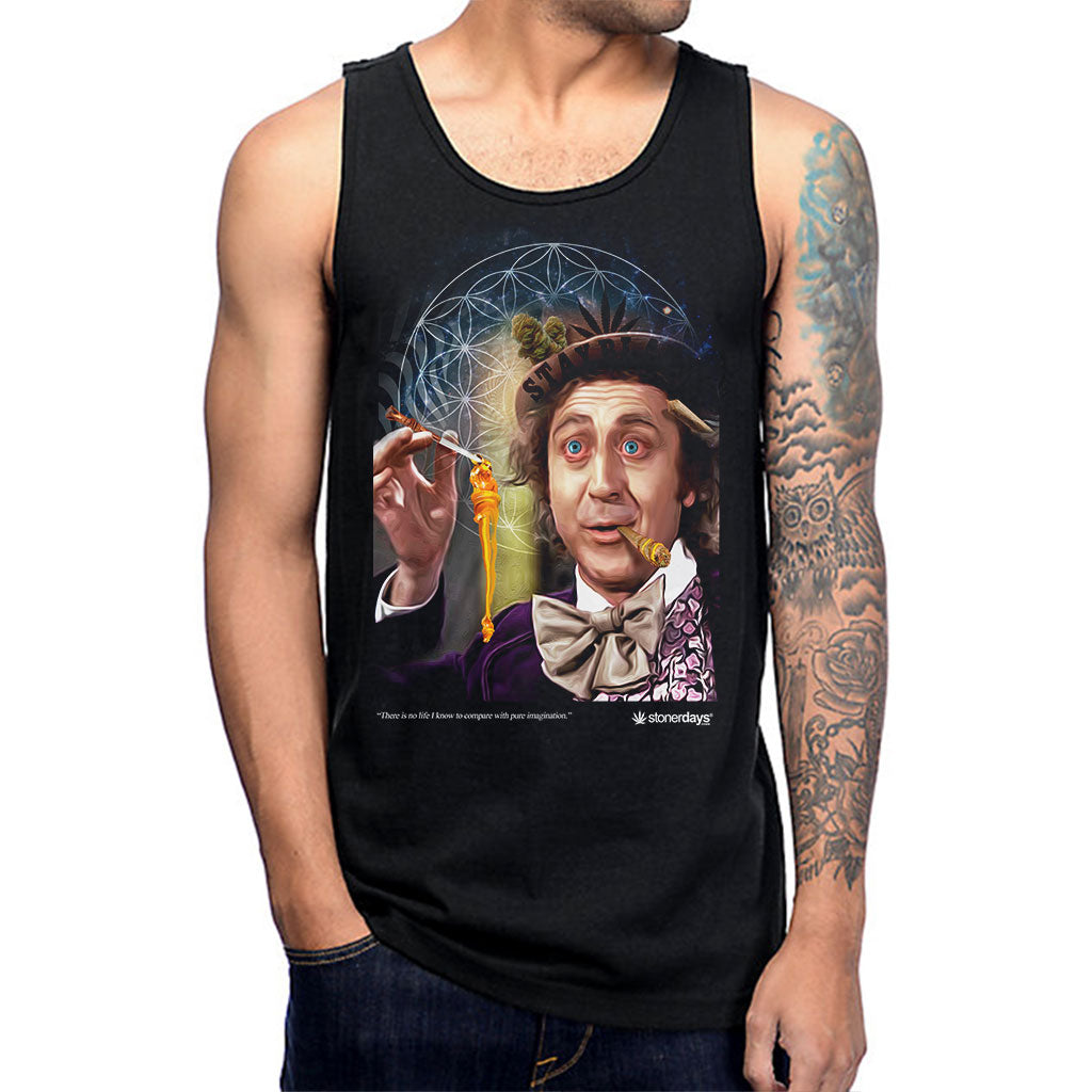 StonerDays Globstopper Men's Tank featuring vibrant concentrate-themed graphic, front view on model