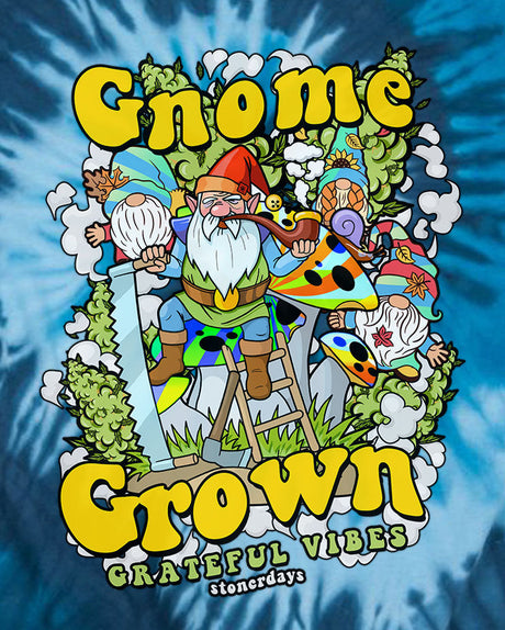 StonerDays Gnome Grown T-Shirt in Blue Tie Dye, featuring cartoon gnomes and cannabis leaves