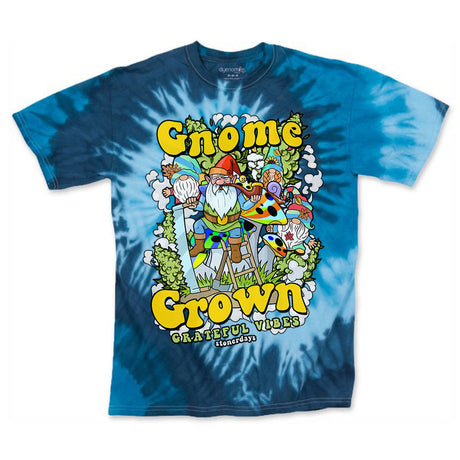 StonerDays Gnome Grown Blue Tie Dye T-Shirt with vibrant front graphic design, laid flat