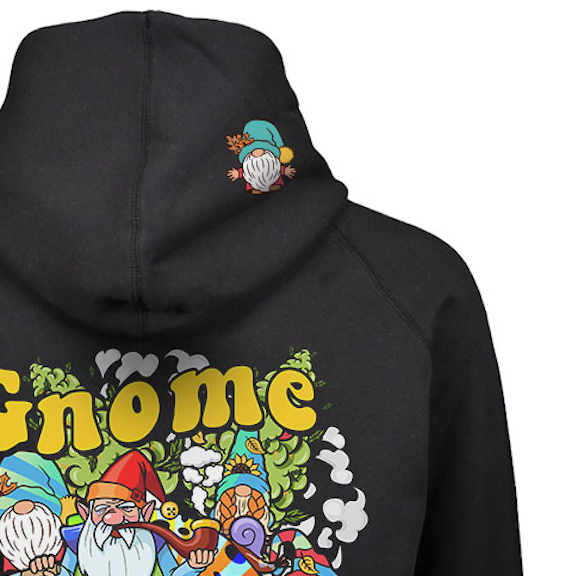Close-up of StonerDays Gnome Grown Hoodie in black with colorful graphic design, men's cotton sweatshirt