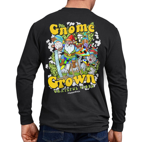 Rear view of a person wearing StonerDays Gnome Grown Long Sleeve cotton shirt with colorful print