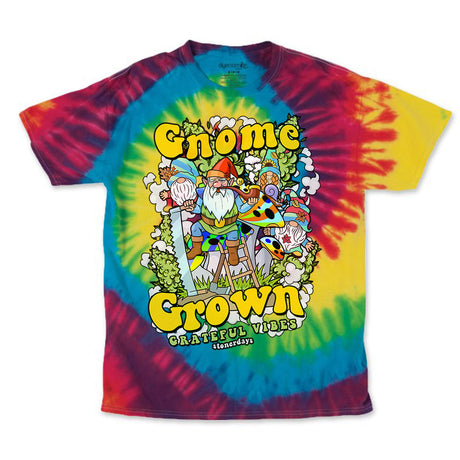 StonerDays Gnome Grown T-Shirt in Rainbow Tie Dye with Front Graphic Design on White Background