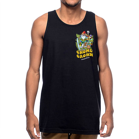 StonerDays Gnome Grown Tank top in black, front view on male model, 100% cotton, sizes S to 3XL