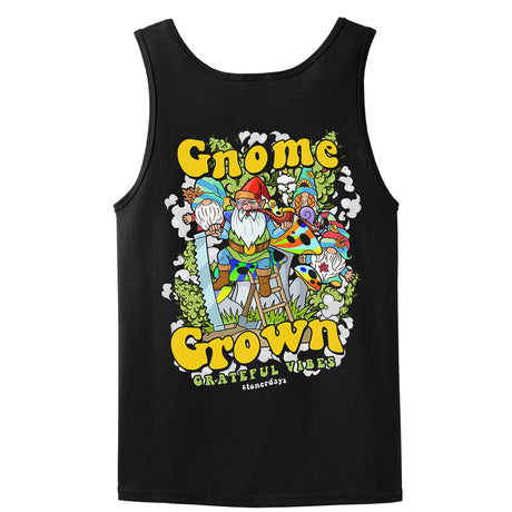StonerDays Gnome Grown Tank top in black cotton, front view with colorful graphic design
