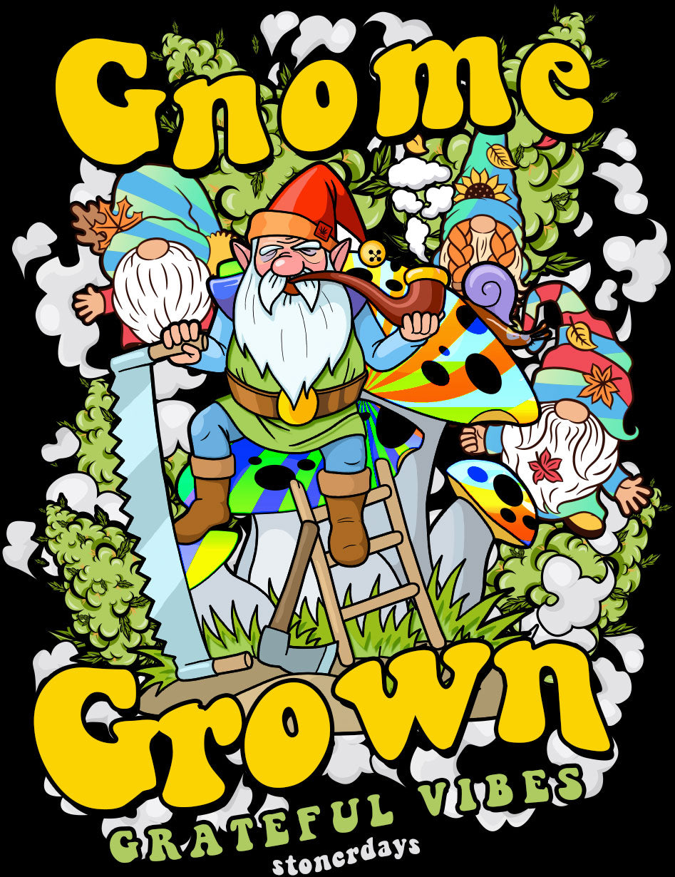 StonerDays Gnome Grown Tee with colorful gnome graphic, 100% cotton
