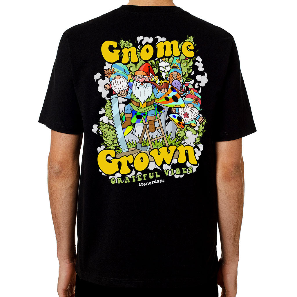 StonerDays Gnome Grown Tee - Rear View with Colorful Graphic on Black Cotton
