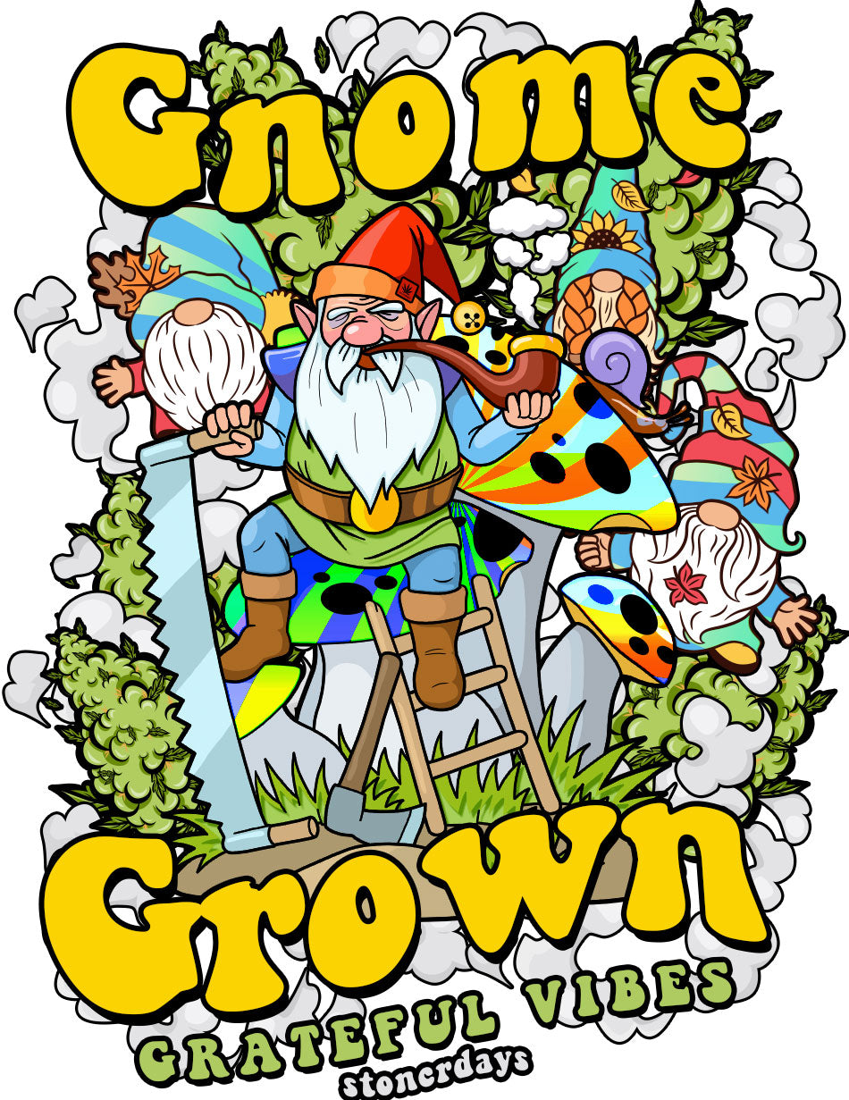 StonerDays Gnome Grown White Tee with colorful graphic print, front view on a white background