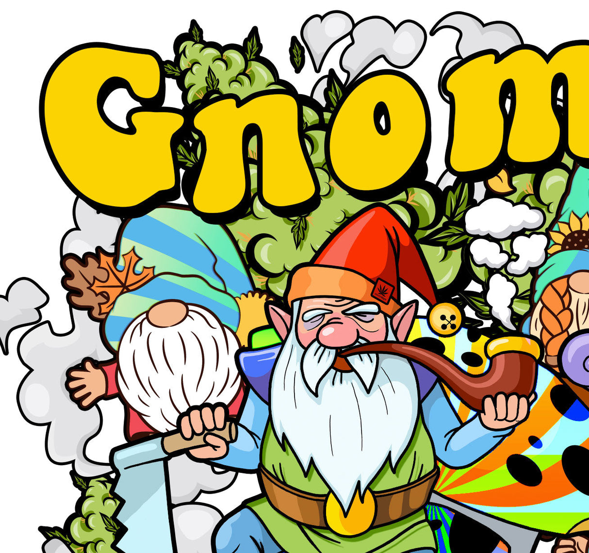 StonerDays Gnome Grown White Tee with vibrant gnome graphic, 100% cotton, front view