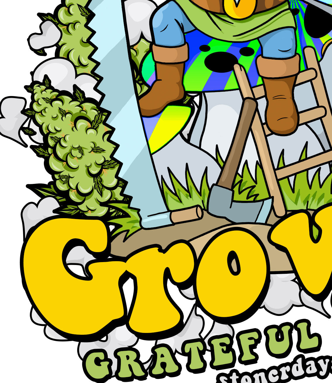StonerDays Gnome Grown White Tee close-up graphic with vibrant colors on cotton