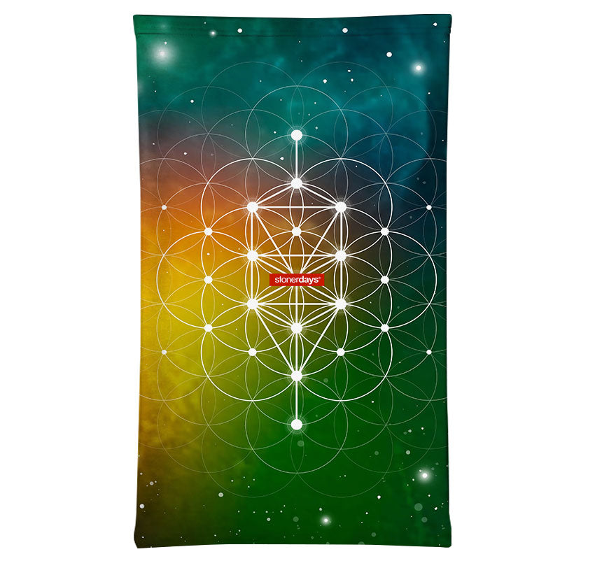 StonerDays Golden Ratio Face Gaiter with vibrant cosmic design, front view on white background