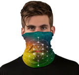 StonerDays Golden Ratio Face Gaiter with vibrant sacred geometry design, front view on model