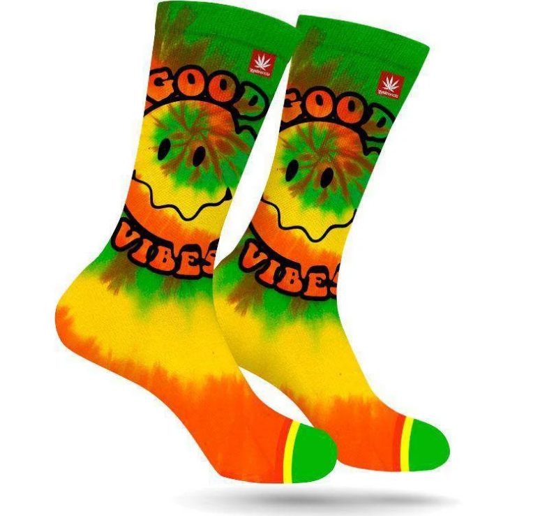 StonerDays Good Vibes tie-dye socks with cannabis leaf design, front view on white background