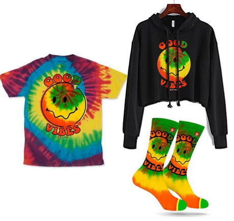 StonerDays Good Vibes Combo with tie-dye crop top, hoodie, and socks on white background