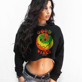 StonerDays Good Vibes Crop Top Hoodie with Tie Dye Happy Face, Front View on Model