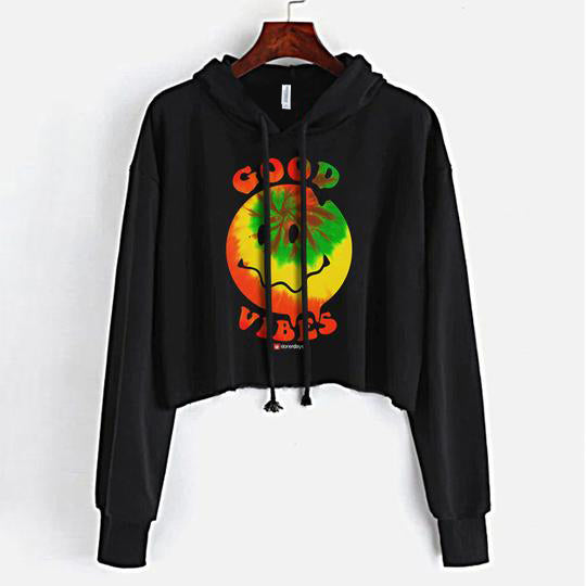 StonerDays Good Vibes Happy Face Crop Top Hoodie in Tie Dye, Front View