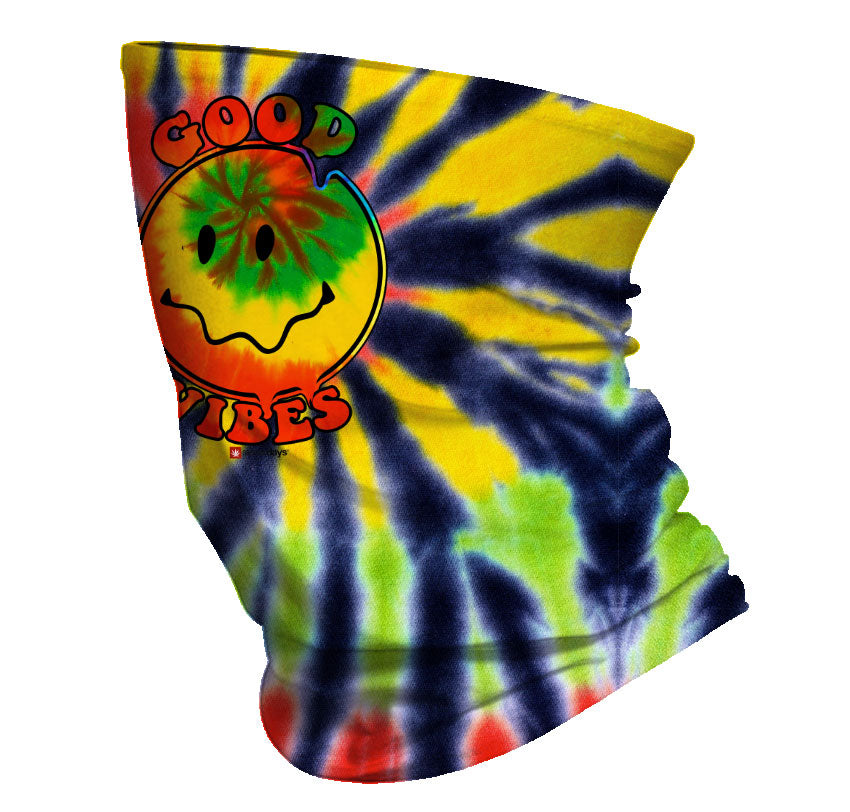 StonerDays Good Vibes Happy Face Neck Gaiter in tie-dye design with front view on white background