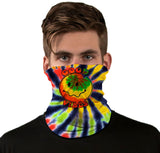 StonerDays Good Vibes Happy Face Neck Gaiter with tie-dye design, front view on model