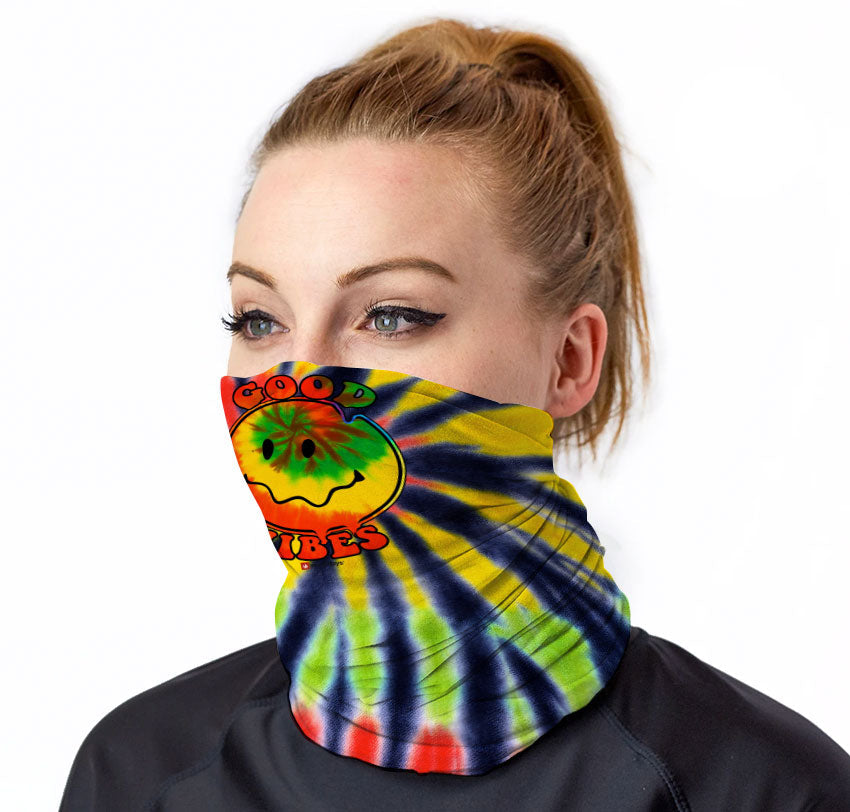 StonerDays Good Vibes Happy Face Neck Gaiter featuring tie-dye design and smiley face, front view on model