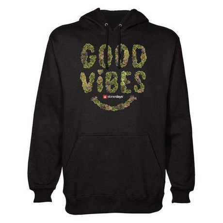 StonerDays Good Vibes Nugs Hoodie, black cotton sweatshirt with cannabis design, front view