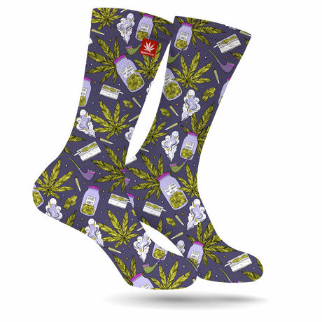StonerDays Good Vibes Purps Weed Socks in purple with cannabis leaf print, front view on white background