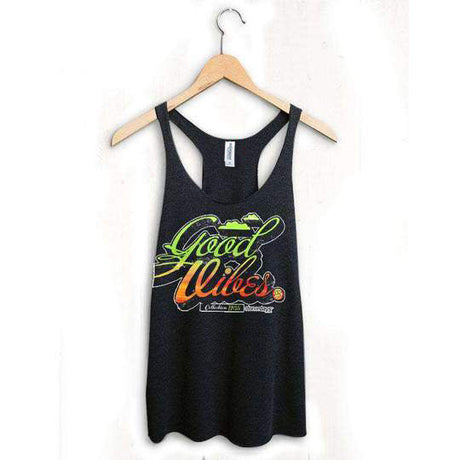 StonerDays Good Vibes Racerback tank top in black with Rasta color design, hanging front view.