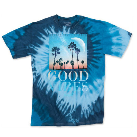 StonerDays Good Vibes Throwback Blue Tie Dye T-Shirt with Palm Tree Design - Front View