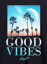 StonerDays Good Vibes Throwback Crop Top featuring palm tree design on black background, front view.